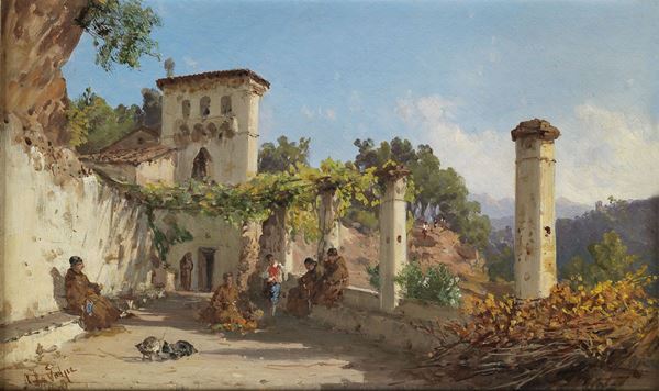 Alessandro La Volpe - &quot;Fraticelli sulla terrazza del Santuario dell&#39;Avvocatella a Cava De&#39; Tirreni&quot;. Firmato.