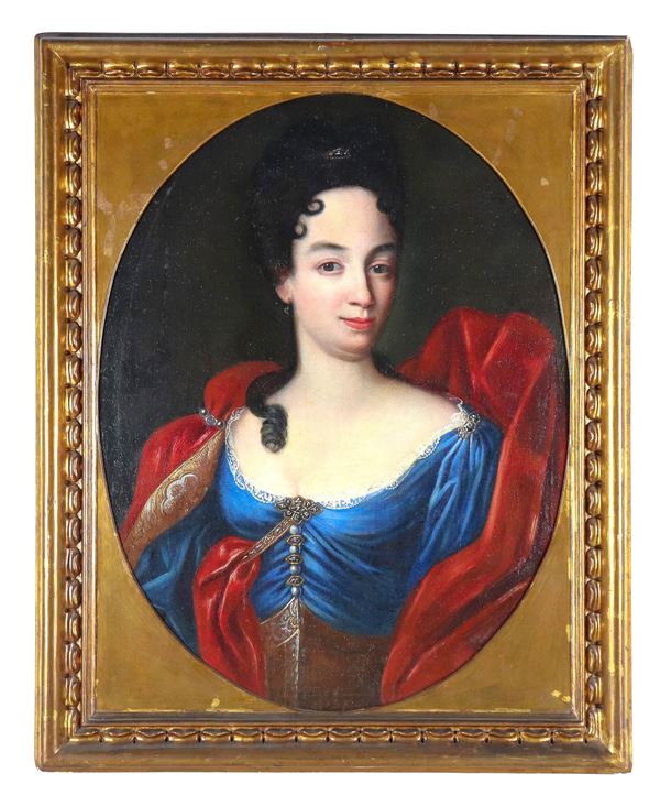 Scuola Italiana XVIII Secolo - "Ritratto di nobildonna con manto rosso", dipinto ad olio su tela a forma ovale