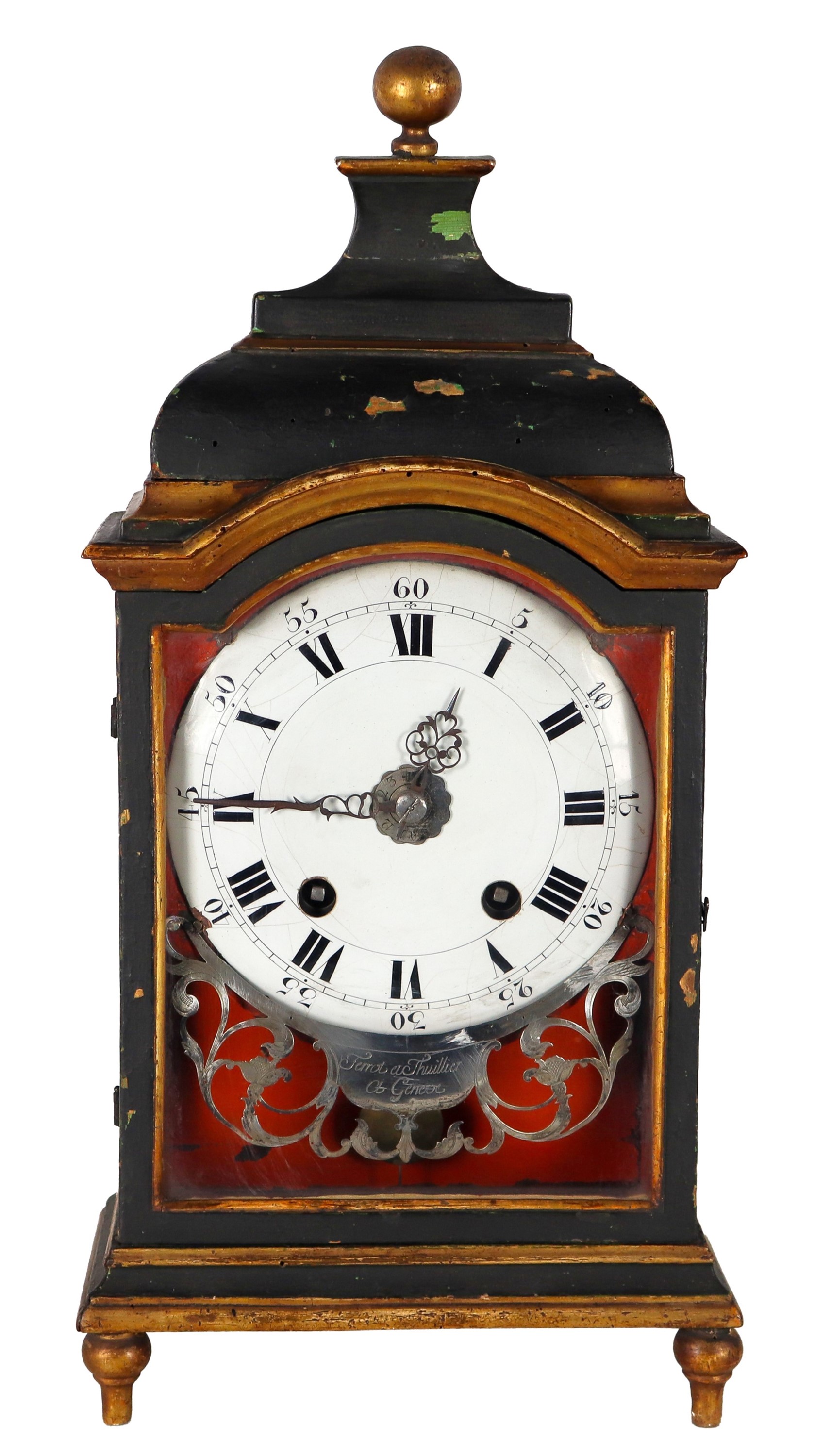 Antico orologio a cartel con mensola di Terrot et Thuillier a Geneve (1780), in legno laccato ner...