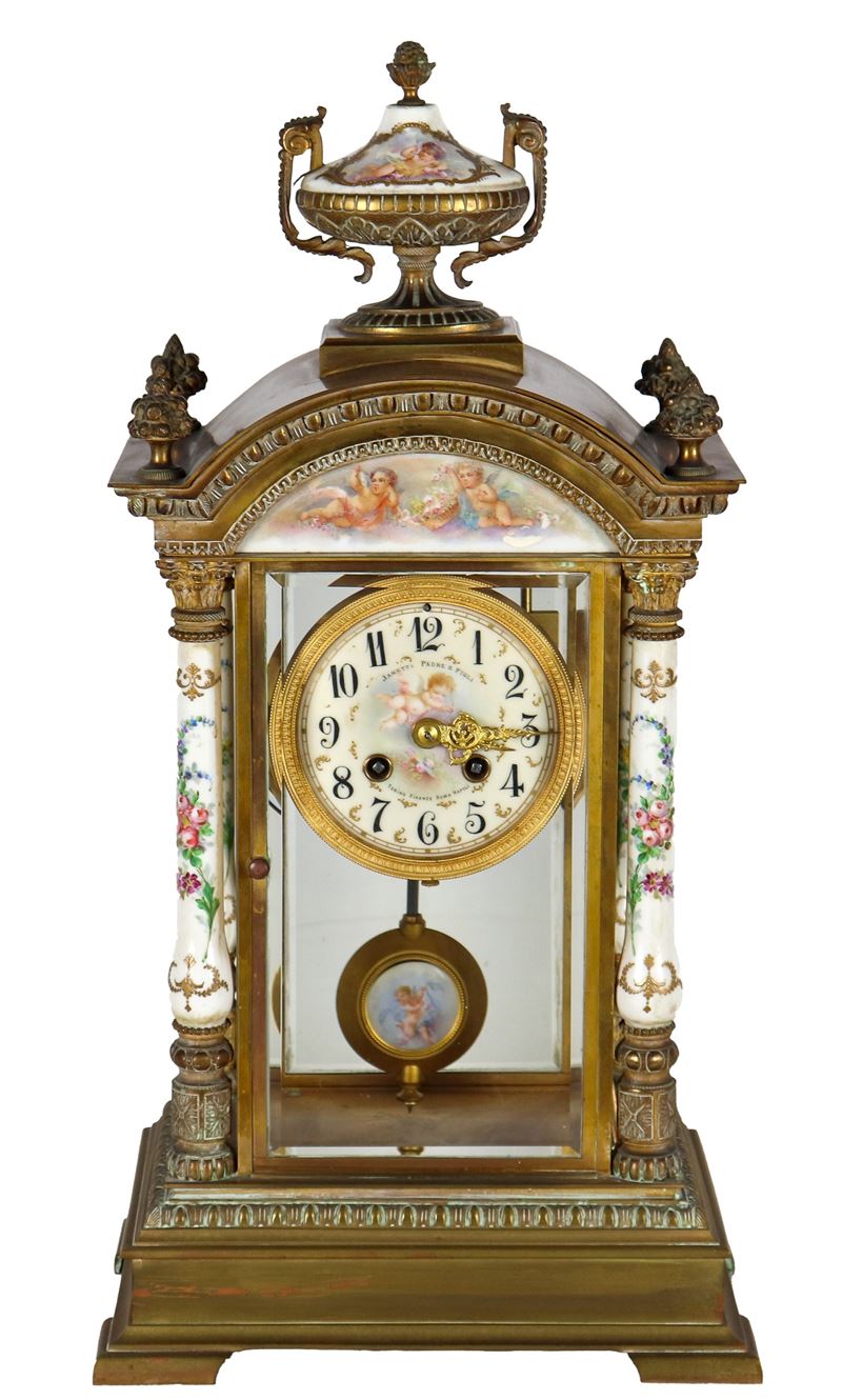 Antico orologio da tavolo Janetti Padre e Figli (Firenze 1866-1890), a forma architettonica in br...