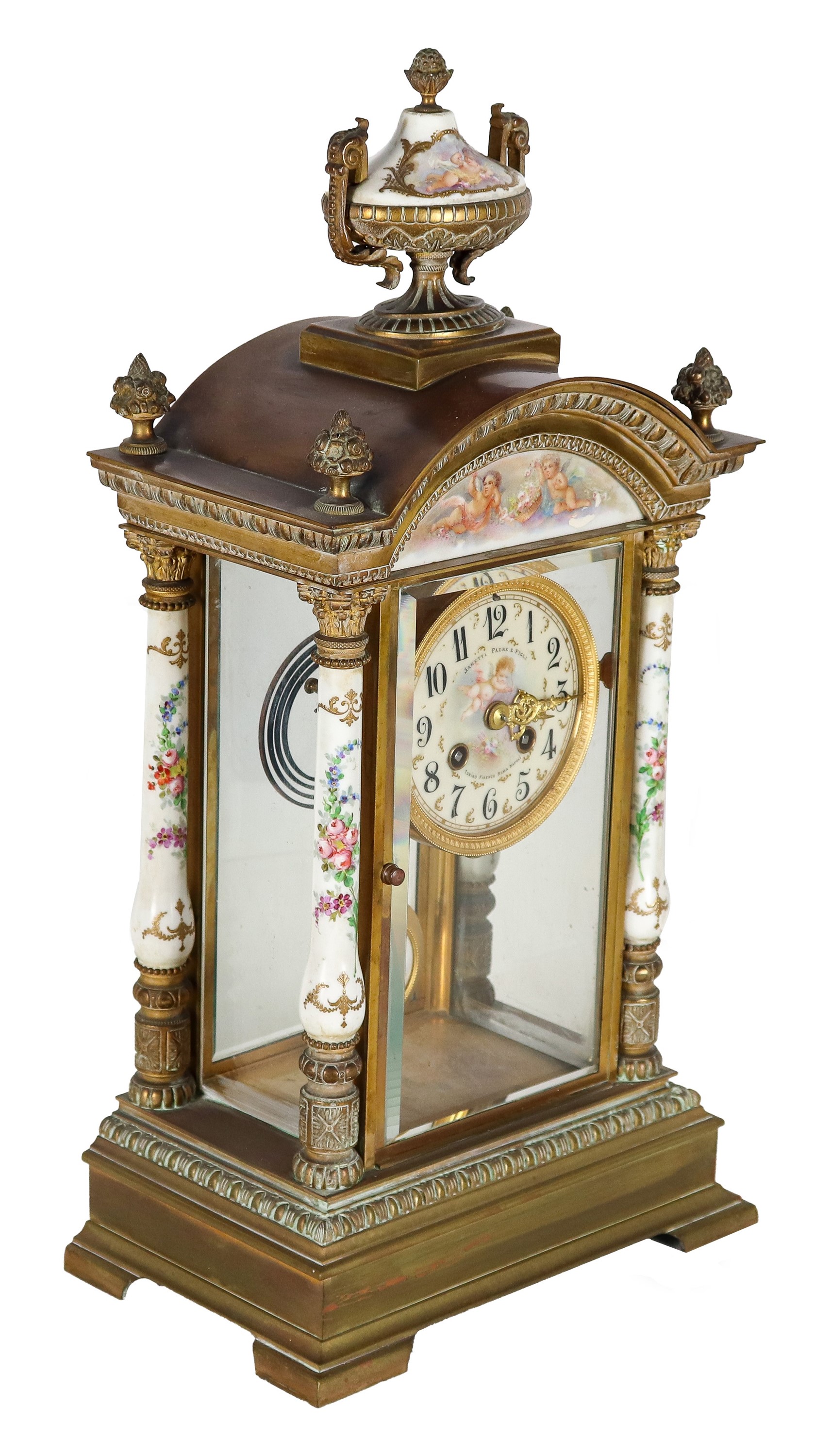 Antico orologio da tavolo Janetti Padre e Figli (Firenze 1866-1890), a forma architettonica in br...