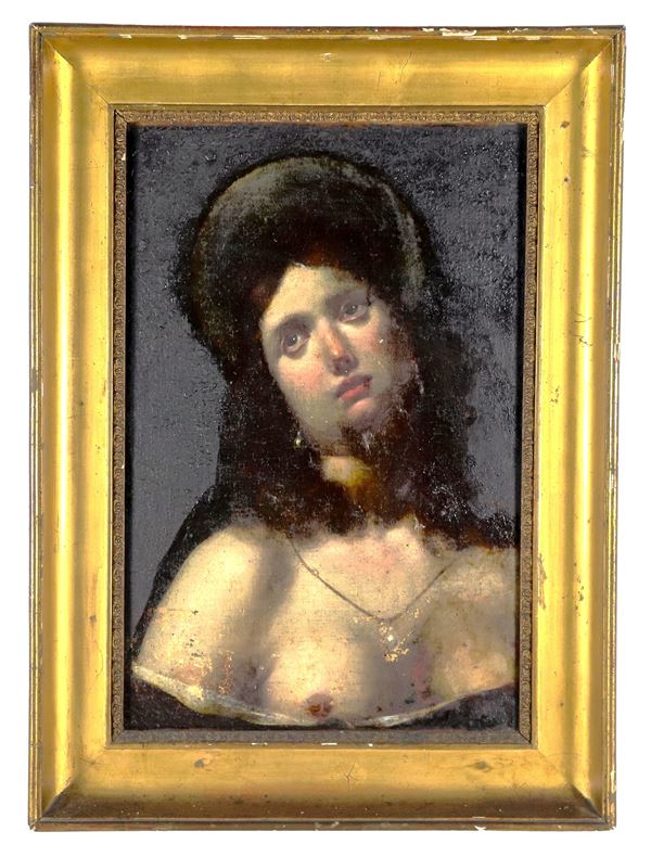 Scuola Bolognese Fine XVII - Inizio XVIII Secolo - "Ritratto di giovane donna", dipinto ad olio su tela. Il dipinto è rintelato e presenta vari vecchi restauri