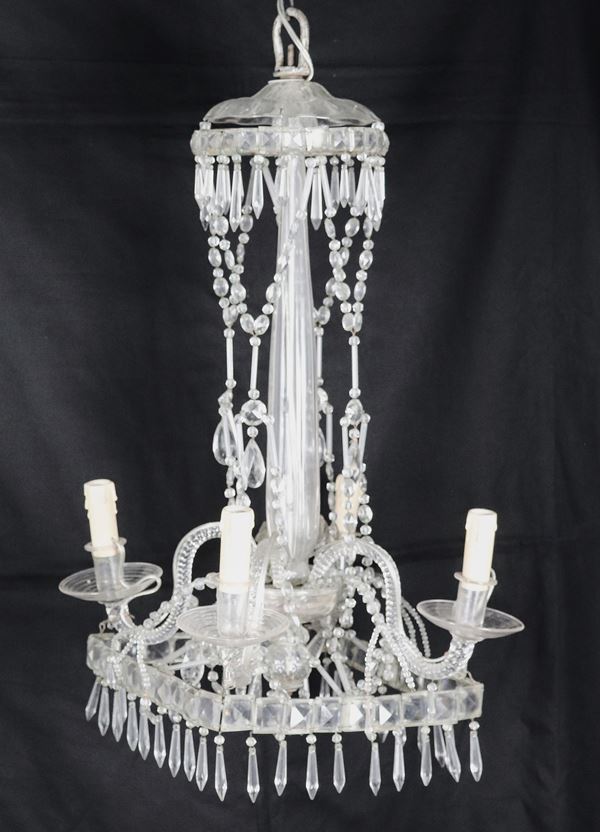 Small square-shaped chandelier in glass and crystal with beaded droplets and drops, 4 lights