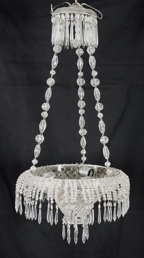 Small glass and crystal basket chandelier with beads, prisms and drops, 3 lights