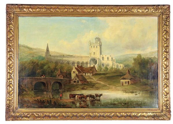 Thomas Richardson - "Landscape with Dhuram Cathedral, bridge, stream and shepherd with cows", oil painting on canvas