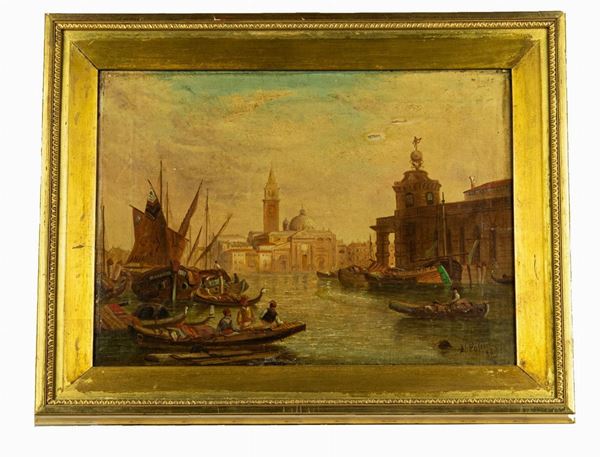Polini A. Pittore XIX Secolo - &quot;Veduta di Venezia con barche e pescatori&quot;. Firmato e datato 