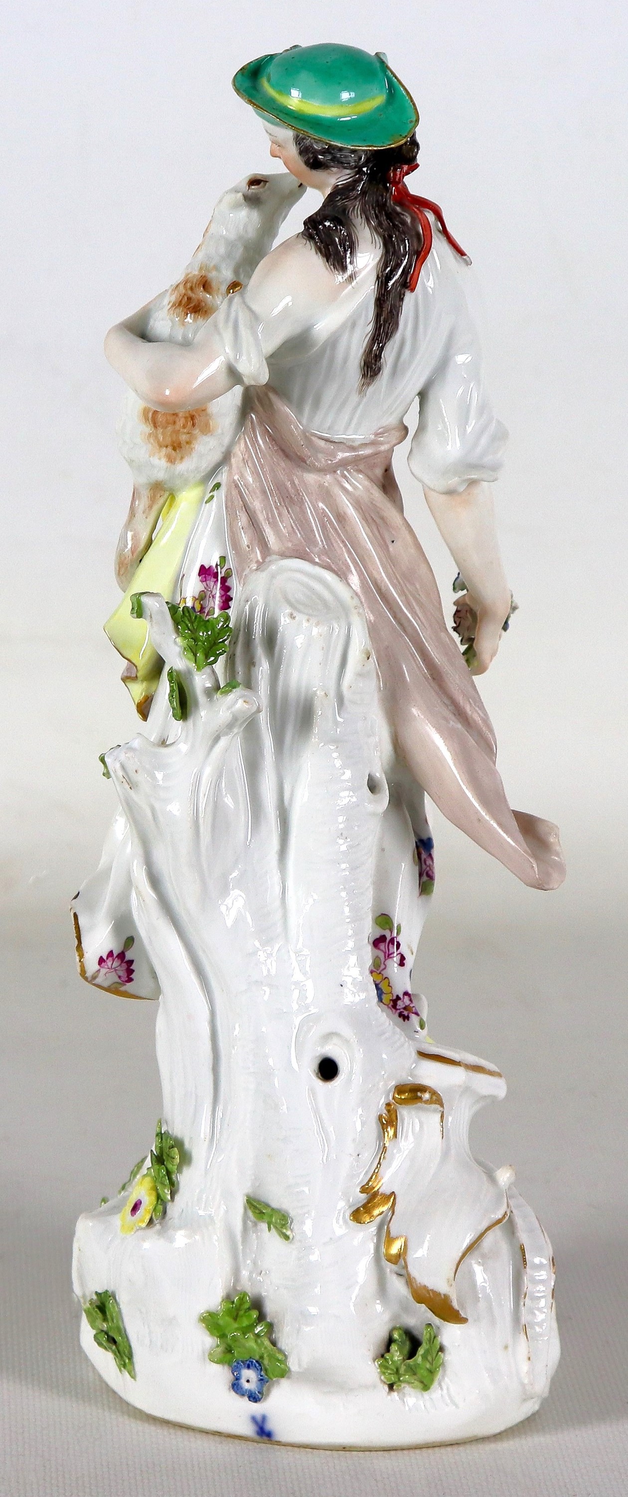 "Nobildonna con cane e mazzetto di fiori", antica scultura in porcellana policroma di Meissen, Pe...