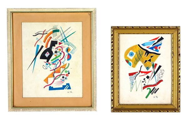 Pittore Arte Contemporanea - Signed W. K. "Abstract clowns", lot of two small mixed media paintings on paper