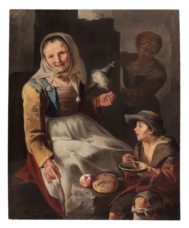 Att.to. "La filatrice offre il pranzo al bambino mendicante", dipinto ad olio su tela di ottima e...