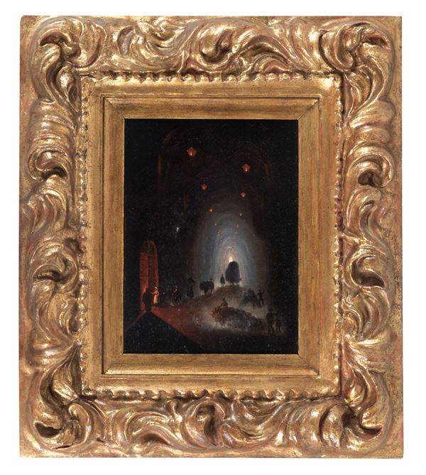 Pittore Napoletano XIX Secolo - "Grotte nella Napoli sotterranea con contadini e carretti", piccolo dipinto ad olio su tela