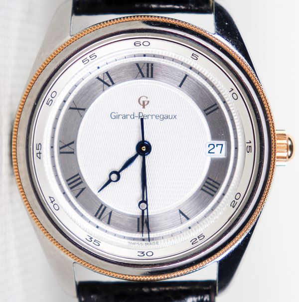 Girard-Perregaux GP 4900 steel wristwatch, N°BR-164- Water Resistant 30m, original black crocodile strap. 80s