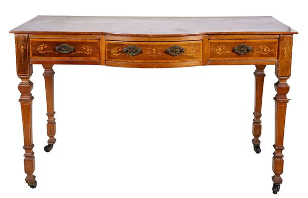 Antique walnut writing table, with floral weave inlays, three central drawers and four quadrangular column legs with wheels