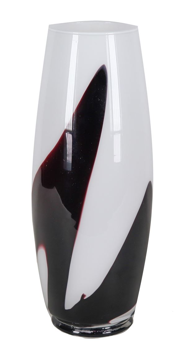 Vaso in vetro soffiato di Murano lattice con colature nere