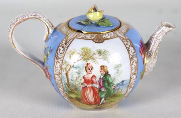 Antique small coffee pot in light blue Dresden porcelain, with colorful squares with motifs of gallant scenes and bunches of flowers. Defects and slight shortcomings