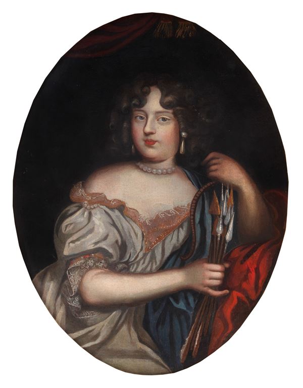 Scuola Italiana Inizio XVIII Secolo - "Portrait of a noblewoman", oval oil painting on canvas. The painting is relined
