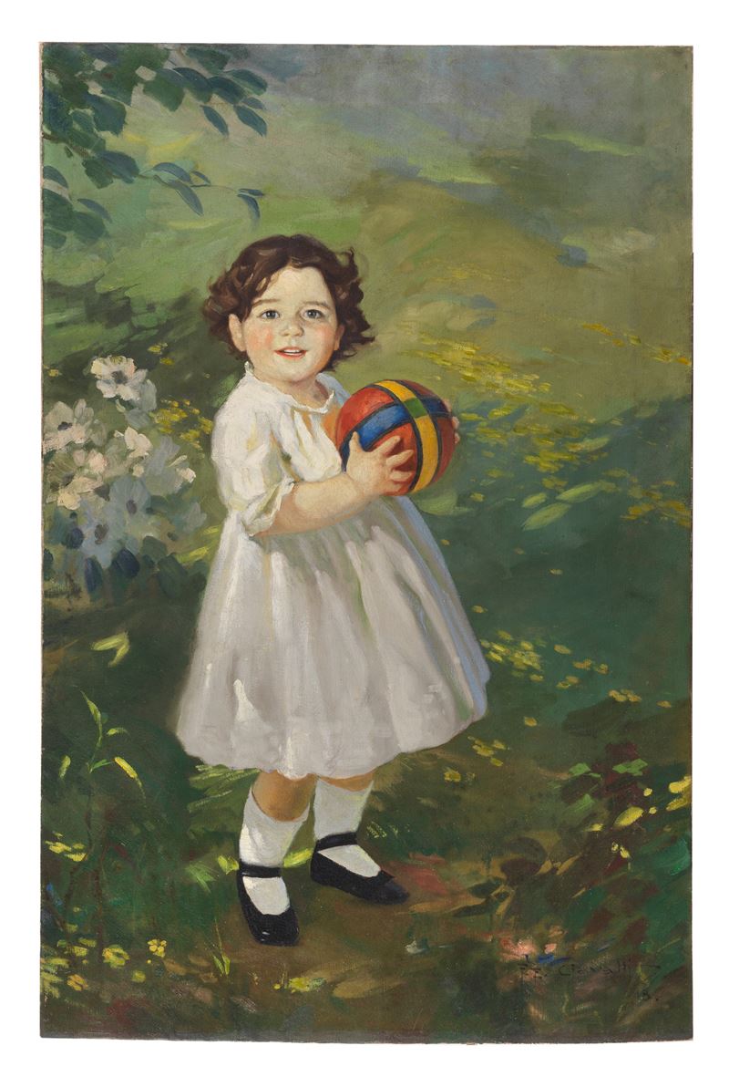 Firmato e datato 1918. "Ritratto di bambina con la palla nel giardino fiorito", dipinto ad olio s...