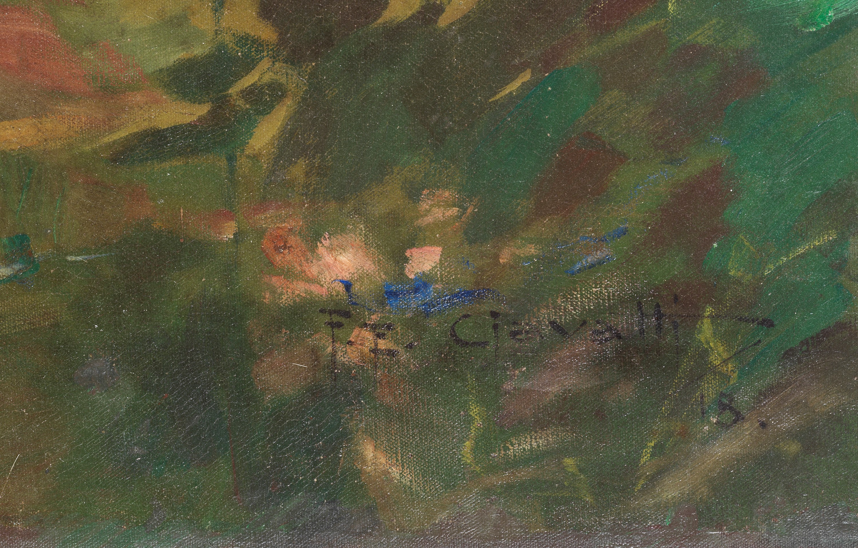 Firmato e datato 1918. "Ritratto di bambina con la palla nel giardino fiorito", dipinto ad olio s...