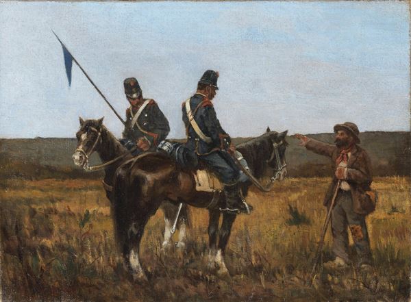 Giovanni Fattori - Signed lower left. 'Lancer and cavalryman at rest with wayfarer', 31 x 42 cm. Small oil painting on canvas probably executed by the Master around 1880. The painting is accompanied by the opinion of Dr. Francesca Dini of Florence. At the bottom of the frame written in ink 'I am convinced it is a very interesting work by Giovanni Fattori from 1880, Odoardo Giglioli Hillyer Director RR. Gallerie di Firenze'. Odoardo Giglioli Hillyer was inspector of the Royal Galleries of Florence from 1907