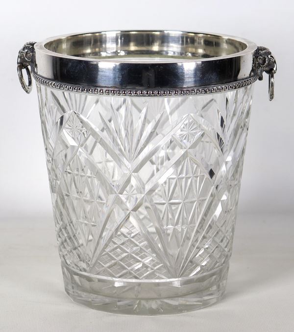 Large champagne bucket in diamond-cut crystal, with edge covered in silver metal and goats' head handles