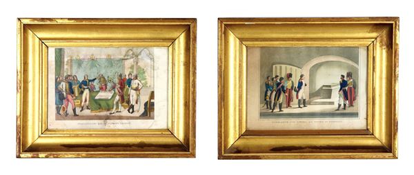 Pair of antique small watercolor prints "Napoleonic subjects". A print has a paper defect