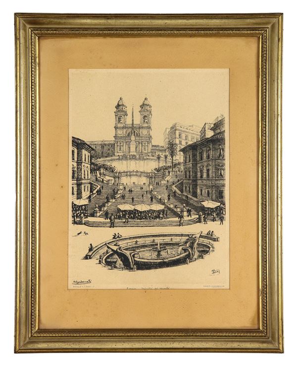 Antonio Carbonati - Signed. "View of Trinità dei Monti with the Barcaccia", etching on paper