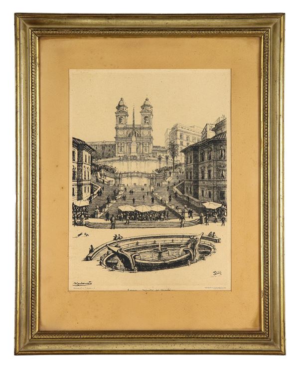 Antonio Carbonati - Firmata. "Veduta di Trinità dei Monti con la Barcaccia", acquaforte su carta 