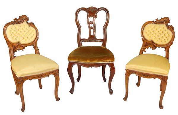 Lot of a pair of French mahogany chairs and a Venetian walnut chair. Defects