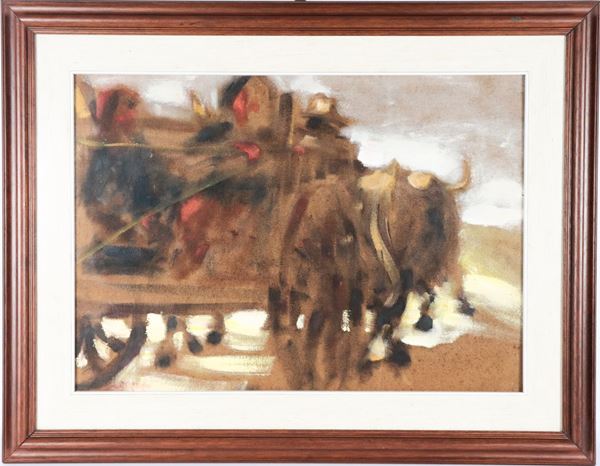 Lorenzo Albino - Signed. &quot;Peasants with ox-drawn cart&quot;, mixed media painting on masonite in a walnut frame and passepartout