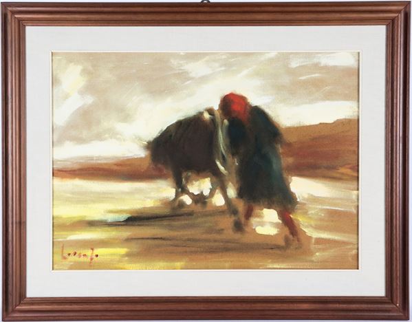 Lorenzo Albino - Signed. &quot;Farmer plowing the field&quot;, mixed media painting on masonite in a walnut frame and passepartout