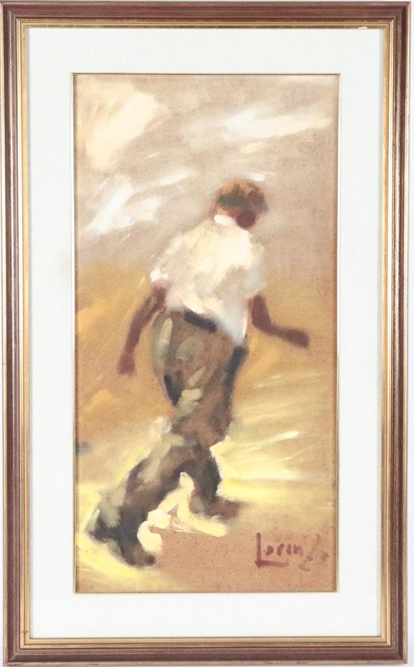 Lorenzo Albino - Signed. &quot;Farmer&quot;, mixed media painting on masonite in a gilded wooden frame and passepartout