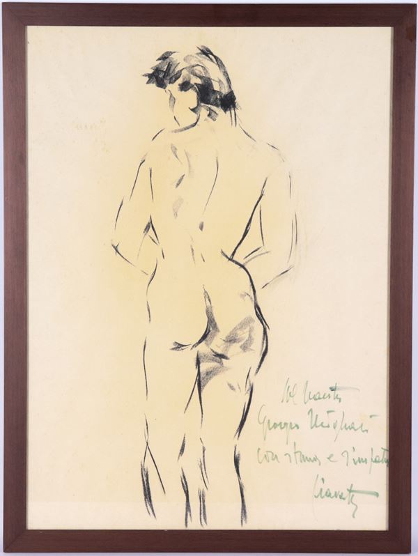 Pittore Arte Contemporanea - Signed with dedication. &quot;Nude of a girl&quot;, charcoal drawing on paper in a walnut frame