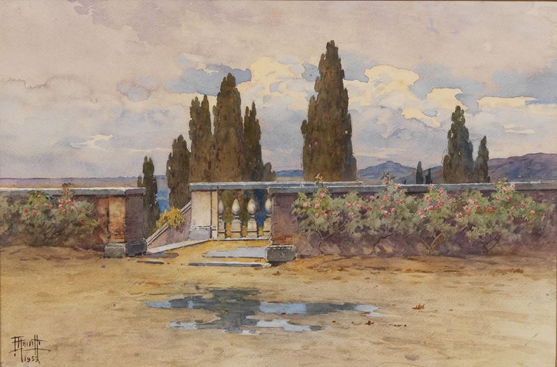Firmato e datato 1953. "Terrazza a Villa d'Este a Tivoli", luminoso acquarello su carta, cornice ...