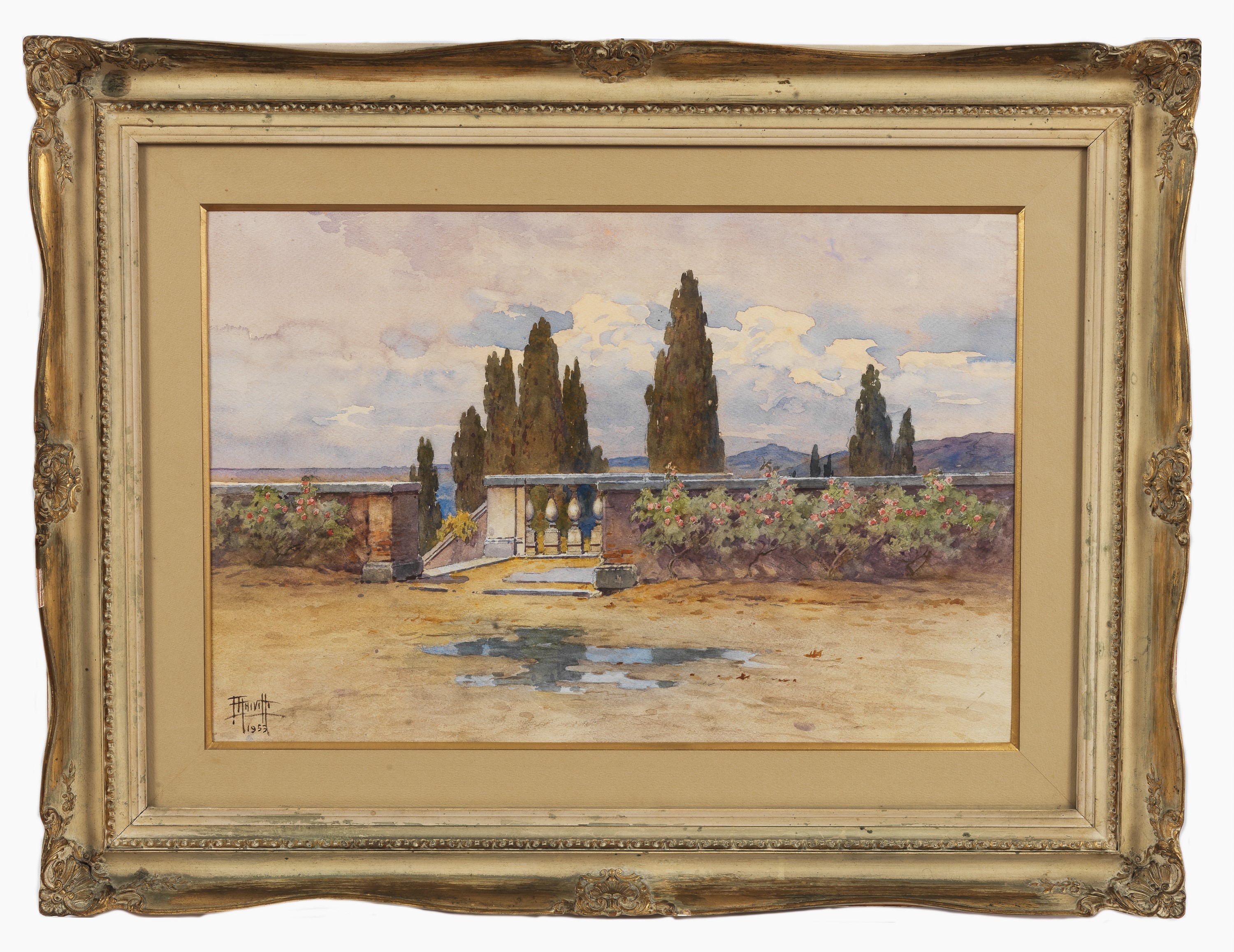 Firmato e datato 1953. "Terrazza a Villa d'Este a Tivoli", luminoso acquarello su carta, cornice ...