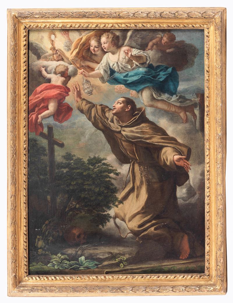 Bottega di "L'apparizione dell'Ostensorio a San Pasquale Baylon", pregevole dipinto ad olio su te...