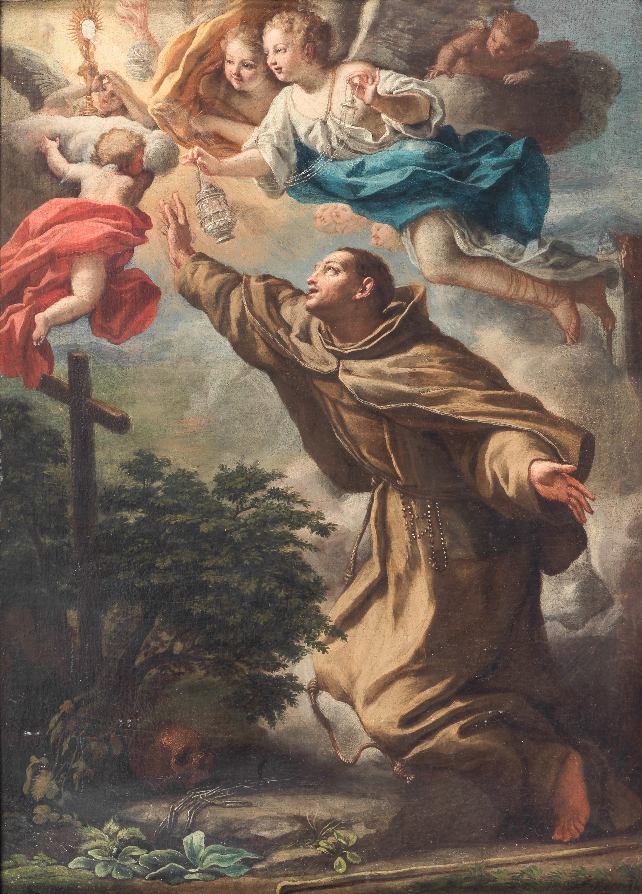 Bottega di "L'apparizione dell'Ostensorio a San Pasquale Baylon", pregevole dipinto ad olio su te...