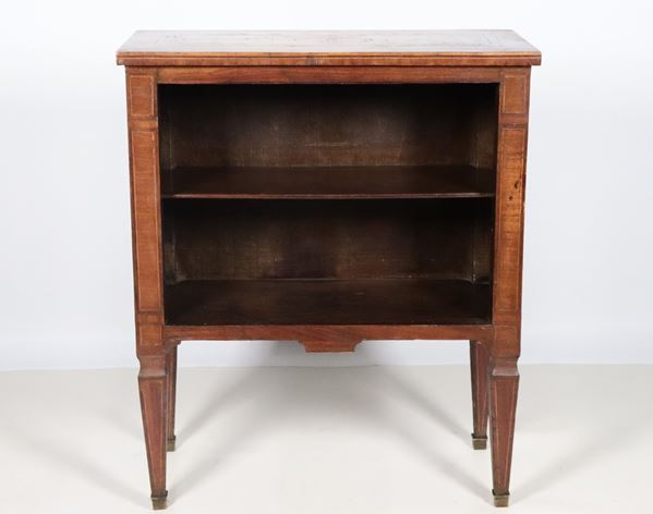 Neapolitan bedside table in walnut with floral scroll and thread inlays, open front with shelf and four inverted pyramid-shaped legs