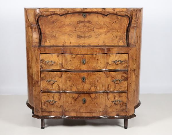 Venetian Louis XV style drop-leaf desk in walnut burl, with a drop-leaf forming a writing desk, three drawers underneath and four legs