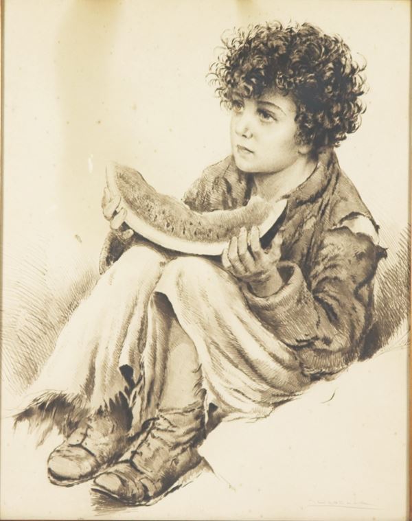 Tito Corbella - Signed. &quot;Child eating watermelon&quot;, ink and pencil drawing on paper, gilded wooden frame decorated with a fake turtle