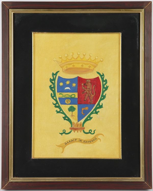 &quot;Coat of Arms&quot;, oil painting on canvas, walnut frame and black passepartout