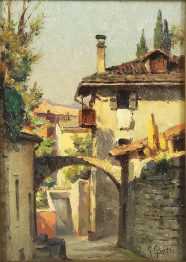 Giannino Grossi - Firmato. "Contrada dell'arco a Varenna", piccolo dipinto ad olio su tavoletta, cornice dorata e passepartout