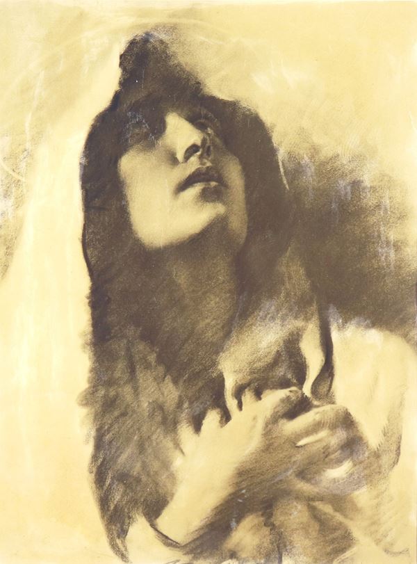 Giuseppe Palanti - Firmato. "Madonna in preghiera", tecnica mista in cornice dorata e passepartout