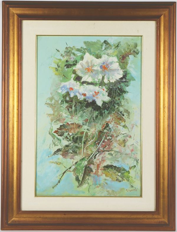 Scuola Francese Epoca Liberty - Signed. &quot;Bouquet of flowers&quot; oil painting on plywood, walnut frame