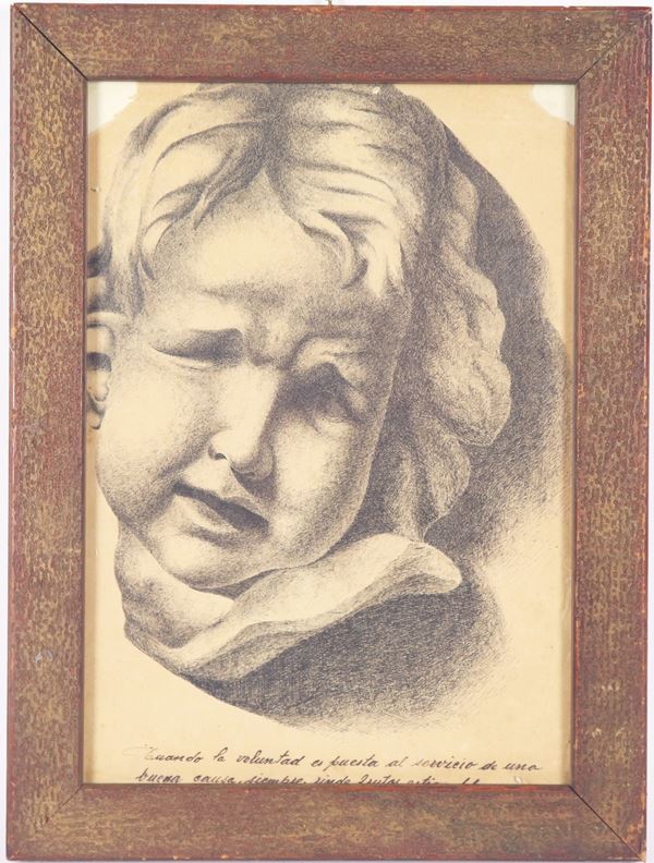 Scuola Spagnola Inizio XX Secolo - &quot;Study of a putto&#39;s face&quot;, small charcoal drawing on paper, wooden frame. The paper has defects