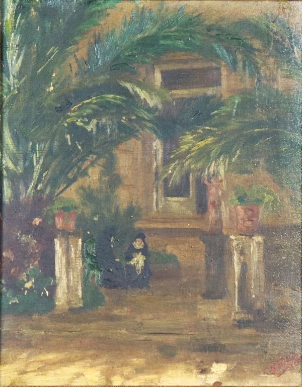 Scuola Italiana Inizio XX Secolo - Signed and dated 1933. &quot;Convent Garden with Nuns&quot;, small oil painting on plywood, pickled wooden frame