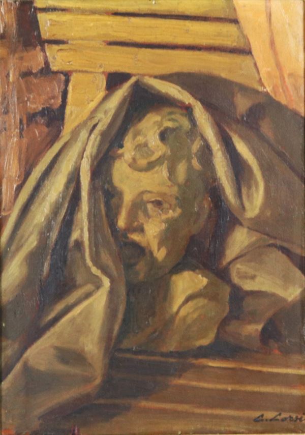 Carlo Corsi - Signed. &quot;Bust of a man with cloak&quot;, small oil painting on panel in lacquered frame