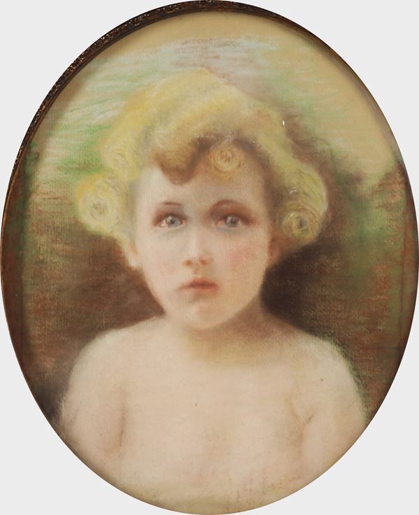 Scuola Italiana Epoca Liberty - &quot;Portrait of a little girl&quot;, pastel on paper, oval frame in ebonized and gilded wood 