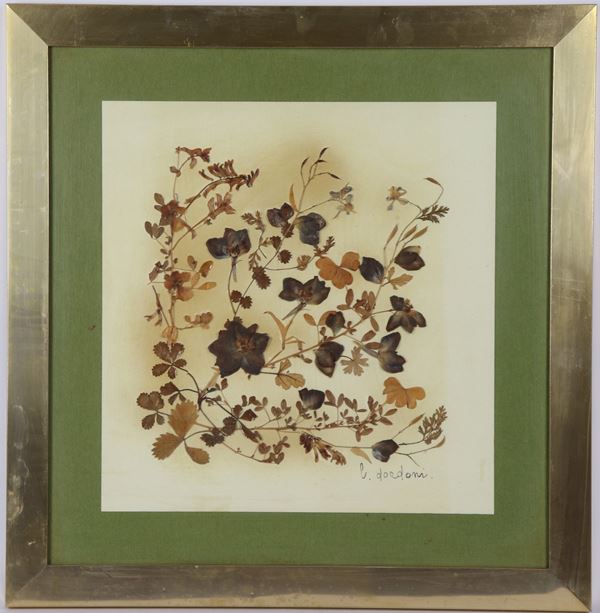 &quot;Autumn flowers and leaves&quot;, collage on paper, silver frame and green passepartout