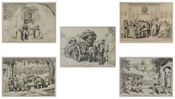 Lot of five Pinelli prints depicting various scenes of 19th century Roman life, defective walnut frames