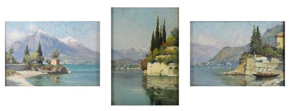 Giannino Grossi - "Vedute della morcatina e di punta martello a Varenna" e "Veduta del porticciolo di Fiumelatte", lotto di tre piccoli dipinti ad olio su tavoletta, cornici decapè e passepartout