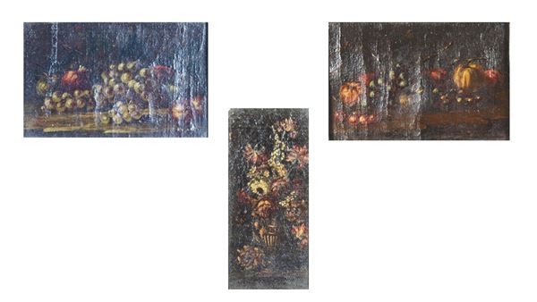 Scuola Italiana Fine XIX Secolo - &quot;Still lifes of fruit and flowers&quot;, lot of three small oil paintings on canvas applied to board, one vertical and two horizontal forming a pair, gilded wooden frames